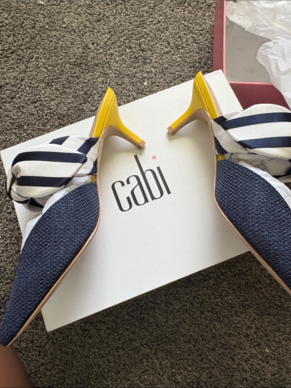 CAbi Navy Pointed Bow Mules with Yellow Insole Trim - Picture 2 of 3